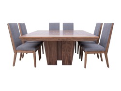 Comedor Siena De Madera Nogal Natural Para 8 Personas Cuadrado Mesa Y Sillas De Tela Color Gris