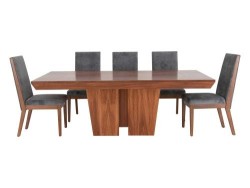 Comedor Siena De Madera Tzalam Natural Para 8 Personas Rectangular Mesa Y Sillas De Tela Color Gris