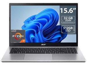 Laptop Acer Aspire 3: Procesador AMD Ryzen 7 5700U (hasta 4.3 GHz), Memoria de 32GB DDR4, SSD de 512GB, Pantalla de 15.6" LED, V