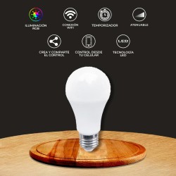 Foco LED Inteligente A19 WiFi 8 W, Luz RGB + Blanca, Base E27, Atenuable, Compatible con App móvil y Asistentes de voz