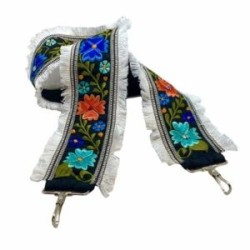 Asa para bolsa bordada con flores y cinta de flecos