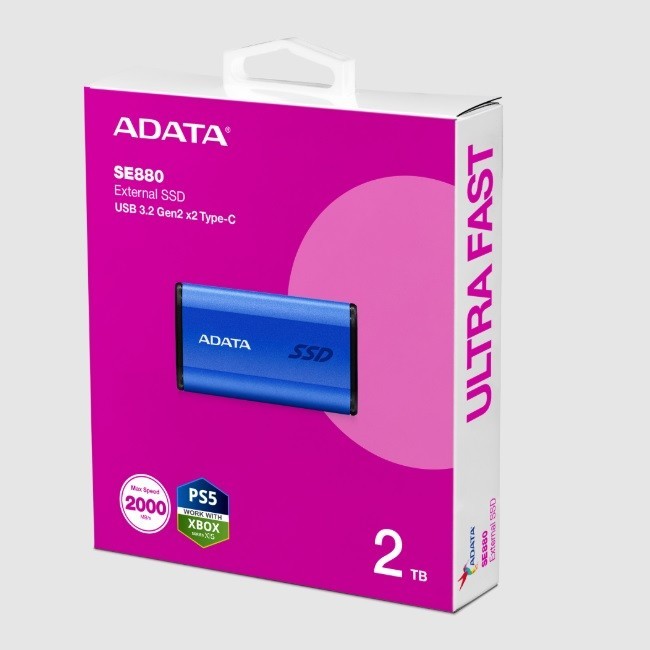 SSD ADATA SE880 SSD Externo ADATA SE880 2TB. Interfaz USB 3.2 Gen 2 X2 Puerto USB-C. Color AZUL. Numero De Parte AELI-SE880-2TCB