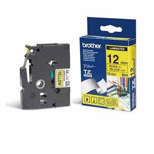 CINTA LAMINADA BROTHER AMARILLO SOBRE NEGRO 12MM X 8M TZ /VC, TZE631