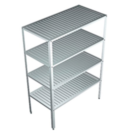 ANAQUEL MARIMBA PARA OLLAS EN ACERO INOXIDABLE TIPO 304 CON 4 ENTREPAÑOS ACANALADOS Y 4 POSTES TIPO