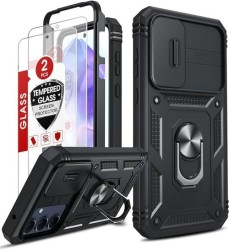 FUNDA PARA SAMSUNG GALAXY A55 5G CON CRISTAL VIDRIO TEMPLADO (2 UNIDADES), CARCASA USO RUDO, CÁMARA DESLIZANTE, ANILLO SOPORTE, 