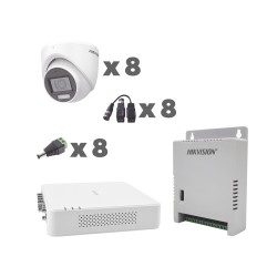KIT TURBOHD HIKVISION KH1080P8EWFH 1080P DVR 8CH AUDIO COAXITRON + 8 CÁMARAS MICRÓFONO INTEGRADO, LUZ BLANCA + IR, FUENTE Y ACCE