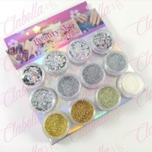 Decoración GLITTER,AZUCAR Y FIGURA GEOMETRICA para uñas 12 piezas de 1/8 por paquete, (Sin estuche) (sin cromo)