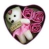 Estuche chico metálico en forma de corazón con moño, oso y 3 rosas artificiales, variedad de colores / i love you / our wedding 