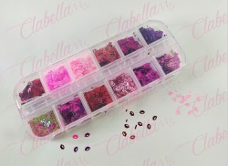 Decoración BESOS COLORES METALICOS para uñas en pastillero – estuche de 13x5cm con 12 divisiones y tapa individual, surtido (OFE