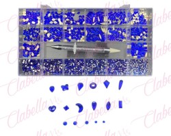 Decoración con cristales en diferentes tamaños AZUL y katana para uñas, en estuche rígido aprox de 12.5x 24.5cm con 20 divisione