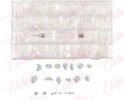 Decoración con cristales en diferentes tamaños AURORA-TORNASOL y katana para uñas, en estuche rígido aprox de 12.5x 24.5cm con 2