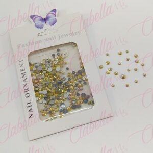 Decoración CRISTAL de plástico color AMARILLO CAMALEON en diferentes tamaños para uñas, aprox 600 piezas en sobre de 11.5x7cm, Q