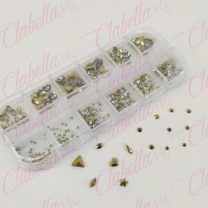 Decoración CRISTALES DORADO METALIZADO CON FIGURAS para uñas, aprox 400 piezas en pastillero – estuche de plástico de 13x5cm con
