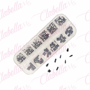 Decoración CRISTALES HUMO CON FIGURAS para uñas, aprox 400 piezas en estuche de plástico de 13x5cm con 12 divisiones y tapa indi