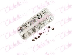 Decoración CRISTALES PLATA CON FIGURAS para uñas, aprox 400 piezas en estuche de plástico de 13x5cm cn 12 divisiones y tapa indi