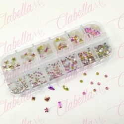 Decoración CRISTALES ROSA CAMALEON tonos verde cristalizado con figuras para uñas, aprox 400 piezas en pastillero – estuche de p