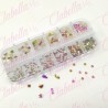 Decoración CRISTALES ROSA CAMALEON tonos verde cristalizado con figuras para uñas, aprox 400 piezas en pastillero – estuche de p