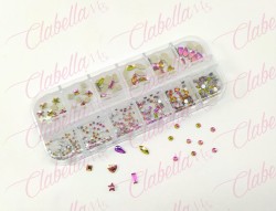 Decoración CRISTALES ROSA CAMALEON tonos verde cristalizado con figuras para uñas, aprox 400 piezas en pastillero – estuche de p