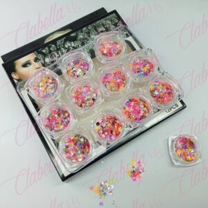 Decoración diferentes FIGURAS NEON MEZCLADAS CON GLITTER mariposa, luna, corazón con azúcar para uñas 12 piezas de 1/8 por estuc