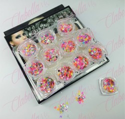 Decoración diferentes FIGURAS NEON MEZCLADAS CON GLITTER mariposa, luna, corazón con azúcar para uñas 12 piezas de 1/8 por estuc