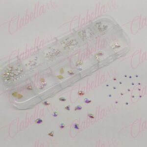 Decoración FIGURAS TORNASOL CON CRISTALES en diferentes tamaños para uñas, aprox 200 piezas en pastillero – estuche de plástico 