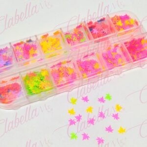 Decoración HOJA MAPLE NEON para uñas en pastillero – estuche de 13x5cm con 12 divisiones y tapa individual, surtido