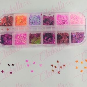 Decoración MARIPOSAS para uñas en pastillero – estuche de 13x5cm con 12 divisiones y tapa individual, surtido