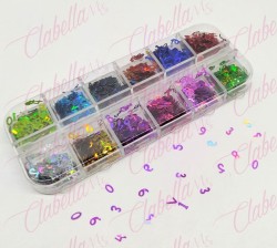 Decoración NÚMEROS METÁLICOS para uñas en pastillero – estuche de 13x5cm con 12 divisiones y tapa individual, surtido (PB)