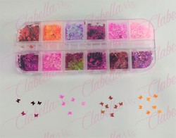 Decoración MARIPOSAS para uñas en pastillero – estuche de 13x5cm con 12 divisiones y tapa individual, surtido