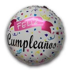 Globo de cumpleaños blanco con banderín rosa