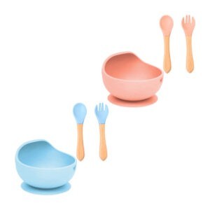 Set plato hondo bowl de silicona + 2 cubiertos con mango de madera para bebé, variedad de colores / ro-0106