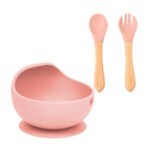 Set plato hondo bowl de silicona + 2 cubiertos con mango de madera para bebé, variedad de colores / ro-0106