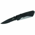 WALLIS Navaja con mango metal negro con clip, hoja lisa-sierra de 7.5 cm de largo