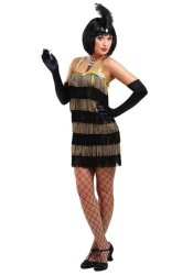 Disfraz estilo flapper con flecos dorados