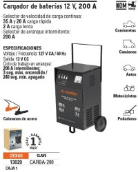 Cargador c/arrancador de 200 A para baterías de 12 V, TRUPER