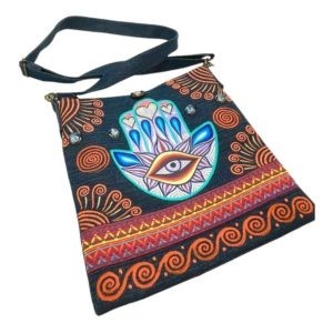 Bolsa “Cross Body”  de mezclilla con HAMSA pintado a mano