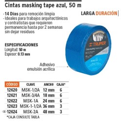 Cinta masking tape azul de 1' x 50 m para pintor, Truper