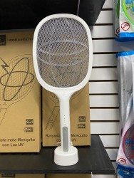 RAQUETA MATA MOSQUITOS CON LUZ LED AZUL Y BASE, RECARGABLE