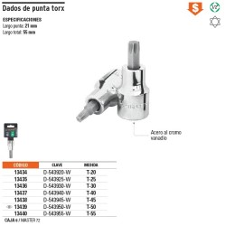 Dado punta torx T-55, cuadro 1/2', Truper