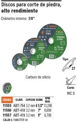 Truper Disco Tipo 42 de 4-1/2' x 3.2 mm para corte de piedra