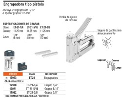 Caja con 1000 grapas 3/8'corona 11.3 mm para ET-21, Truper