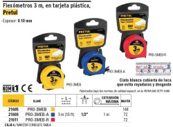 Flexómetro azul 3 m cinta 13 mm, en tarjeta, PRETUL