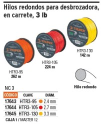 Hilo redondo, para desbrozadora, 2.7mm x 224m,carrete,TRUPER