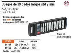 Juego de 10 dados largos cuadro 1/4' mm, Truper