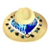 Sombrero Celulosa color paja con cinta de tela en tonos azules, flecos y cristales.